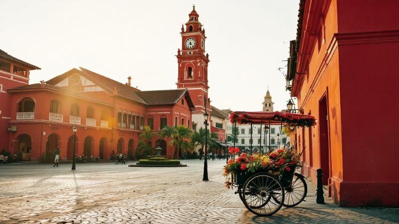 Red Dutch-era square in Melaka at golden hour