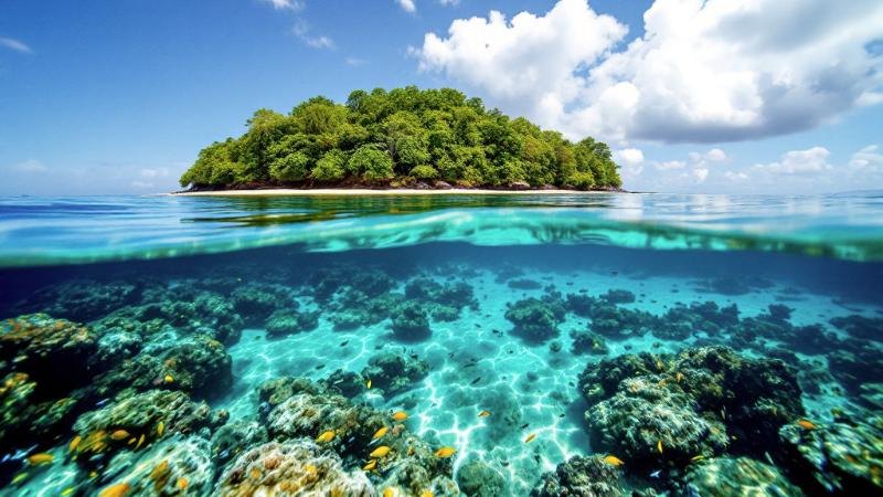 Coral reef and island off Sabah
