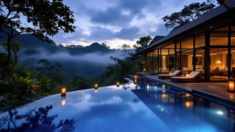 Private villa pool above the rainforest at dusk